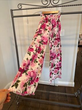 Women's Wide-Leg Floral Pants in Pink 💯 linen one size
